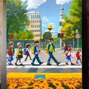 Vibrant Children's Walking The Crosswalk  In A Glass Front Front Frame 8x10